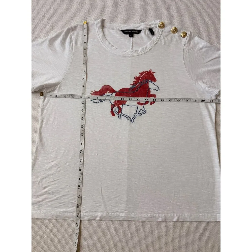 Veronica Beard Horse Graphic Gold Button Tee White XL Cotton Shirt - Picture 3 of 7